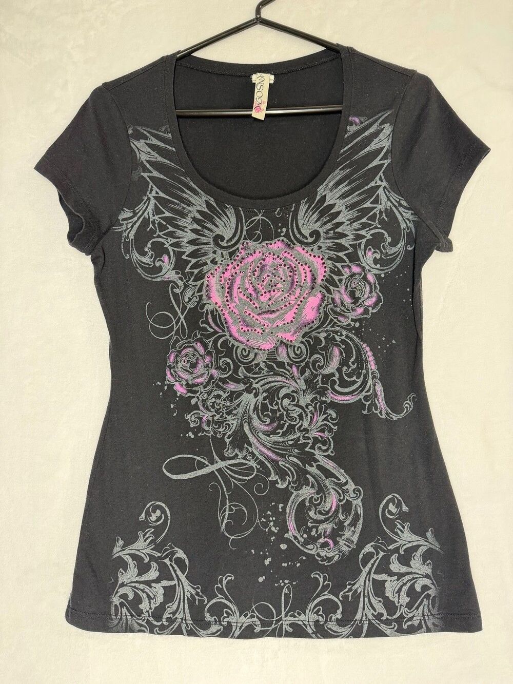 Y2K Tattoo Style Rhinestone Rose Graphic Tee McBling Grunge Sleaze Fairy Goth XL